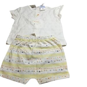 NWOT Jacadi Top and Patterned Shorts Set - Yellow, Navy, Orange